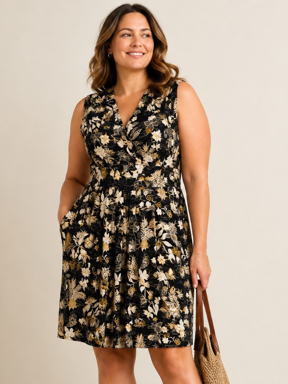 Chico’s Black Floral Butterflies Sleeveless Fit & Flare Dress Rayon Stretch